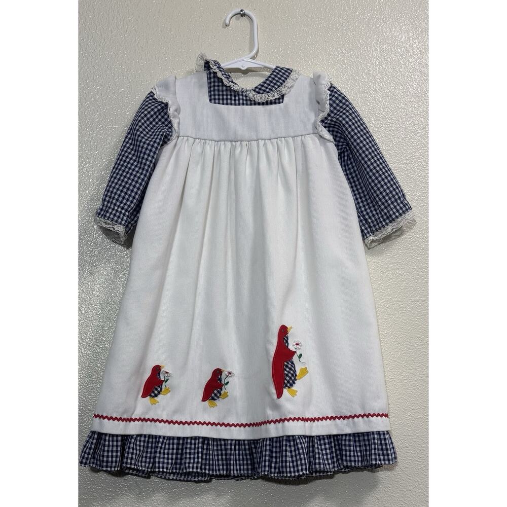 Vtg Nanette Maxi Dress Sz 24 Months Pinafore Blue Plaid Penguin Applique Cottage